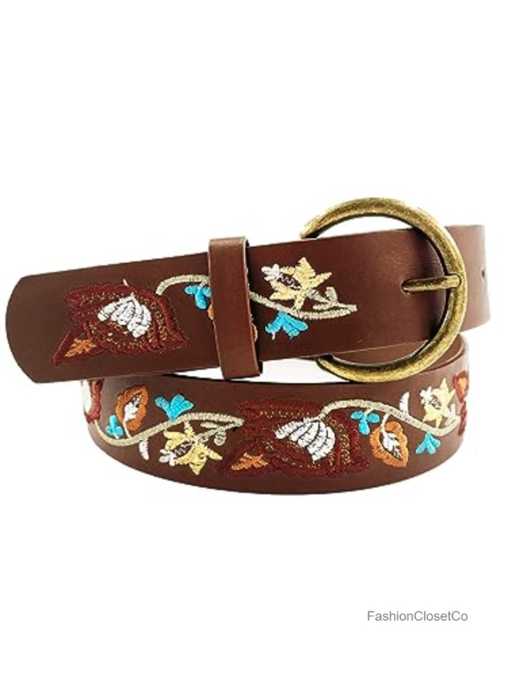 Embroidered Floral PU Leather Belt for Women Wide Vintage Boho Waist